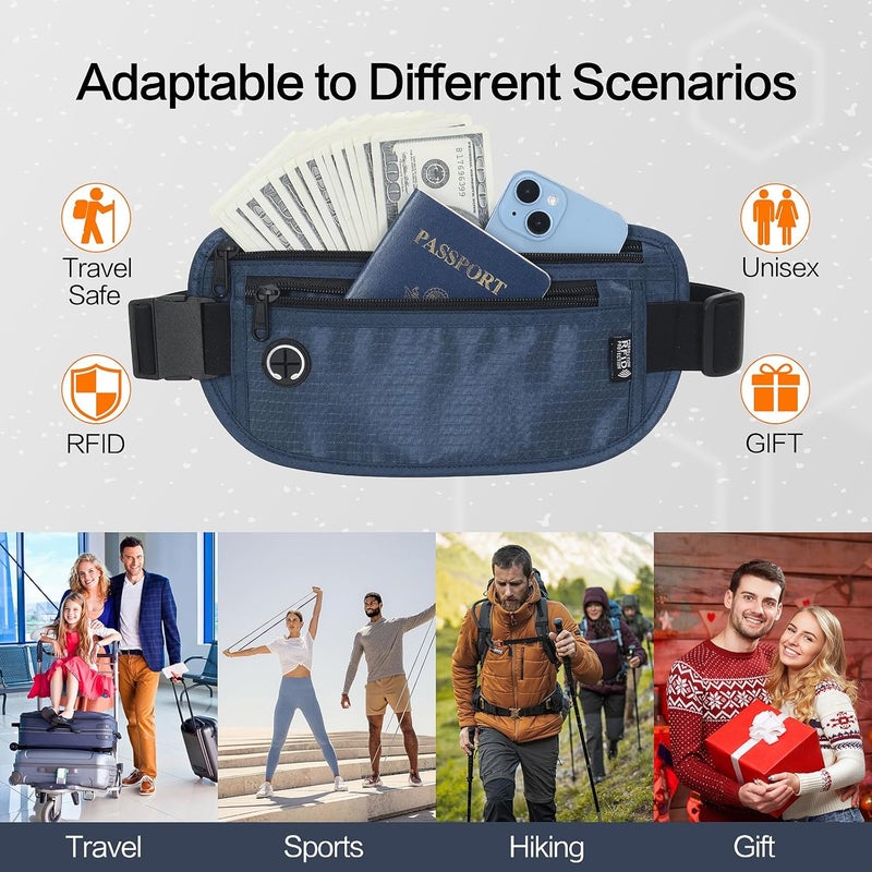 Arouselove Slim RFID Blocking Money Belt for Travel - Anti-Theft Hidden Passport Holder Waist Wallet with Secure Pouch for Cash, Credit Cards & Phone Safe (Navy Blue) - Image 4